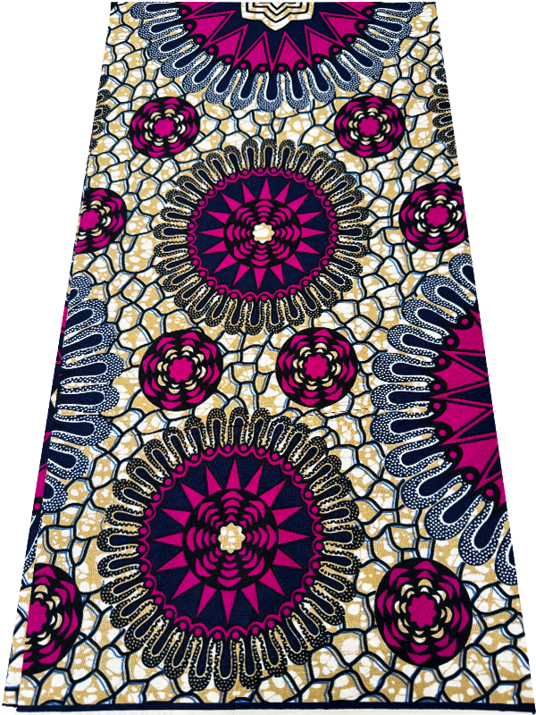 A piece of polyester African wax print fabric featuring geometric patterns in fuchsia-pink, beige, dark-blue, and white colors.