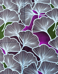 African Patterned fabric with white leaves on a purple and green background