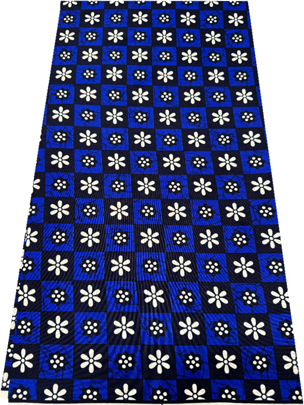 A textile with a geometric pattern featuring dark blue, azure blue, and white colors, showcasing a series of square blocks with floral designs inside them.