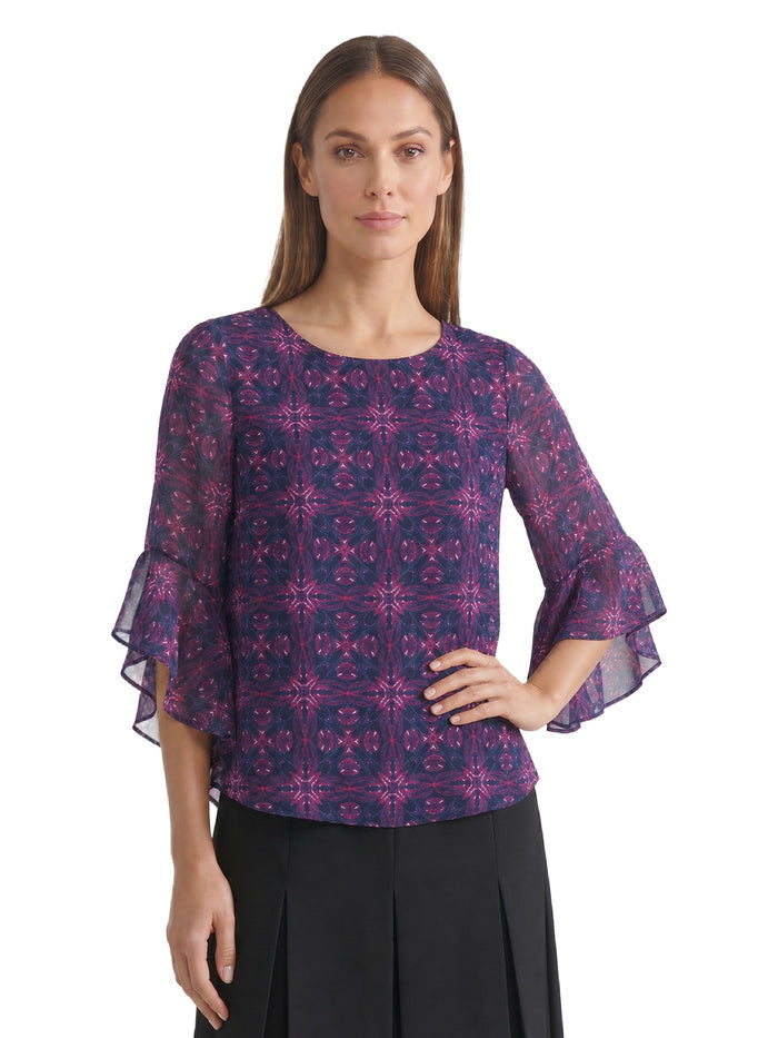 Petite Flounce Sleeve Blouse, Black Multi | Kasper