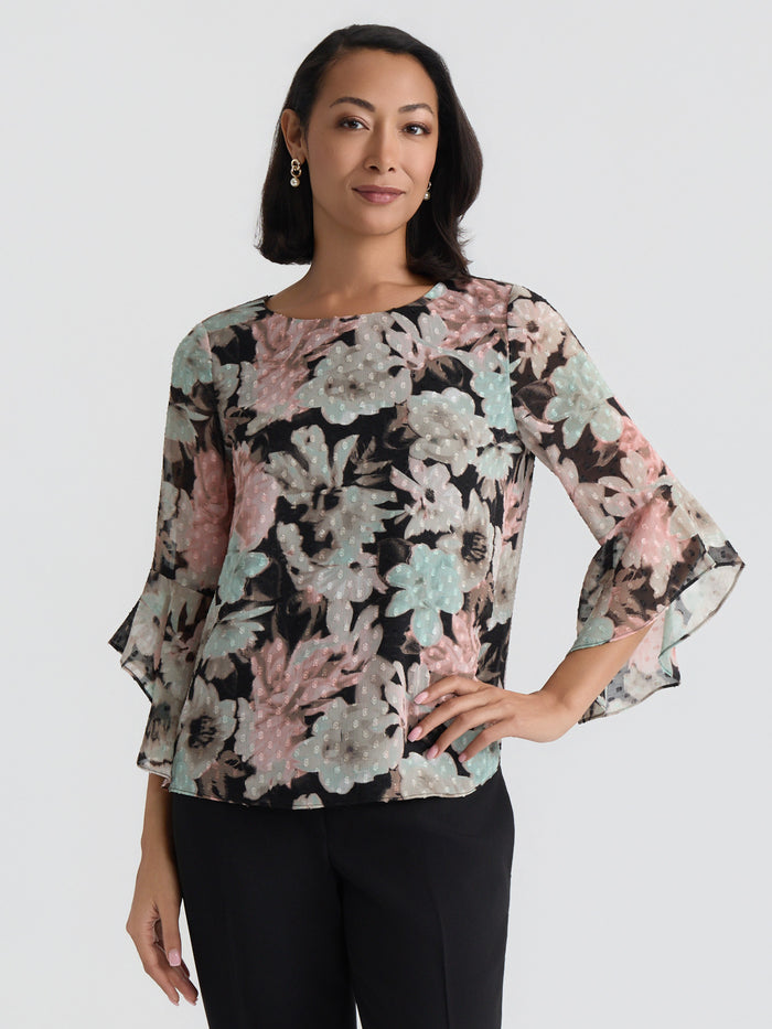 Plus Printed Flounce Sleeve Blouse, Dotted Black/Tearose Floral Multi | Kasper