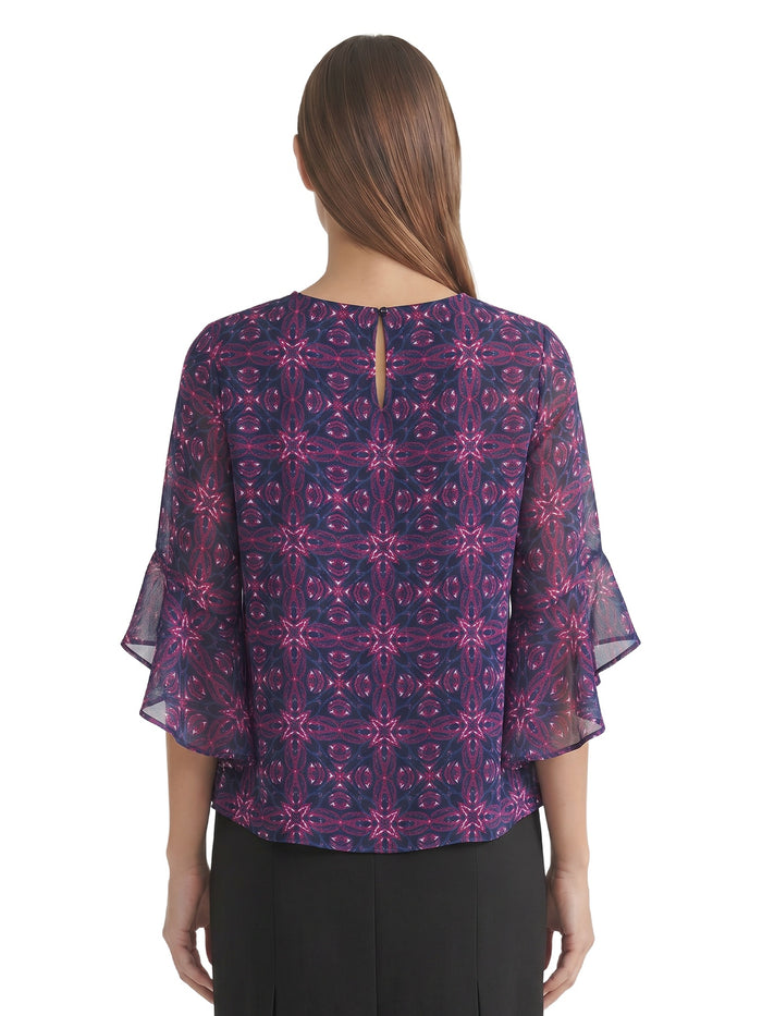 Petite Flounce Sleeve Blouse, Black Multi | Kasper