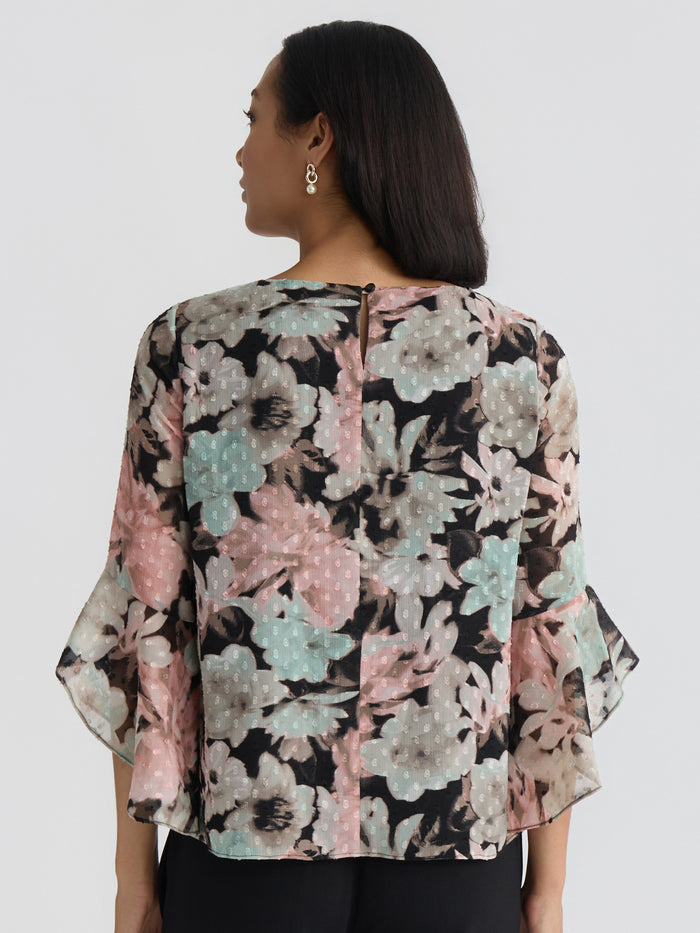 Plus Printed Flounce Sleeve Blouse, Dotted Black/Tearose Floral Multi | Kasper
