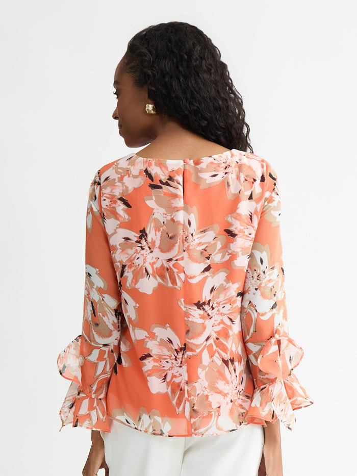Printed Flounce Sleeve Blouse, Mandarin Multi | Kasper
