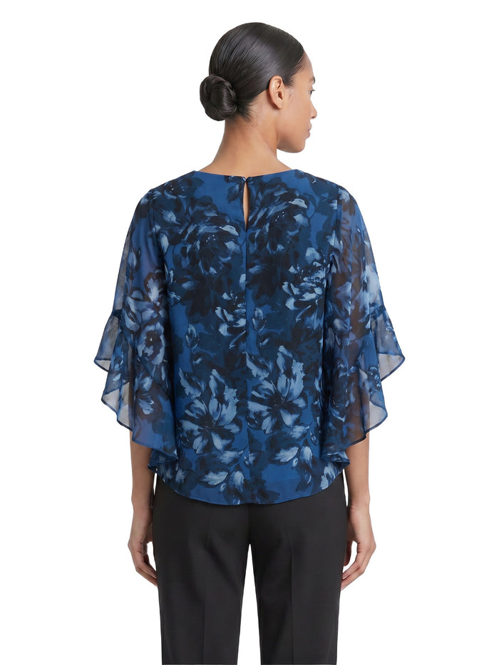 Printed Flounce Sleeve Blouse, Blue Night Multi | Kasper