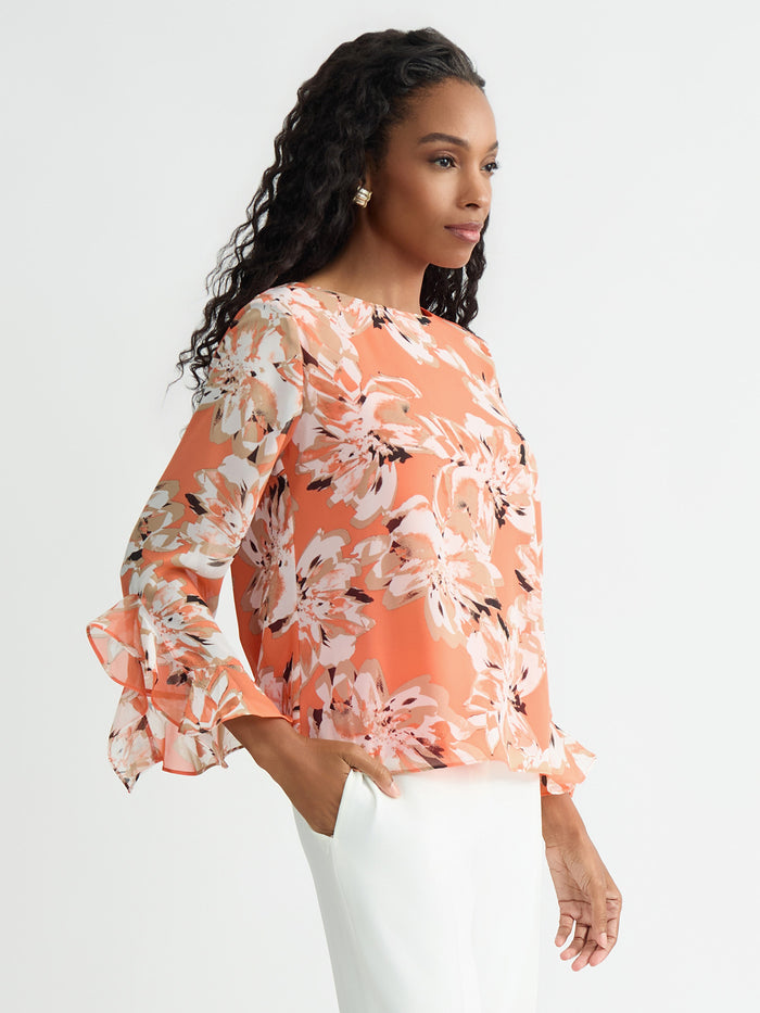 Printed Flounce Sleeve Blouse, Mandarin Multi | Kasper