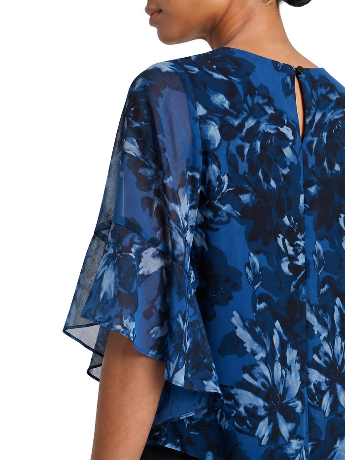Printed Flounce Sleeve Blouse, Blue Night Multi | Kasper