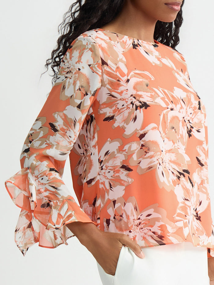 Printed Flounce Sleeve Blouse, Mandarin Multi | Kasper
