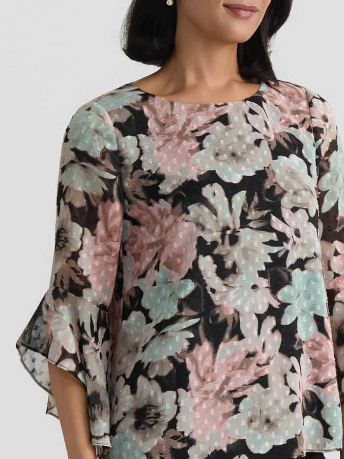 Plus Printed Flounce Sleeve Blouse, Dotted Black/Tearose Floral Multi | Kasper