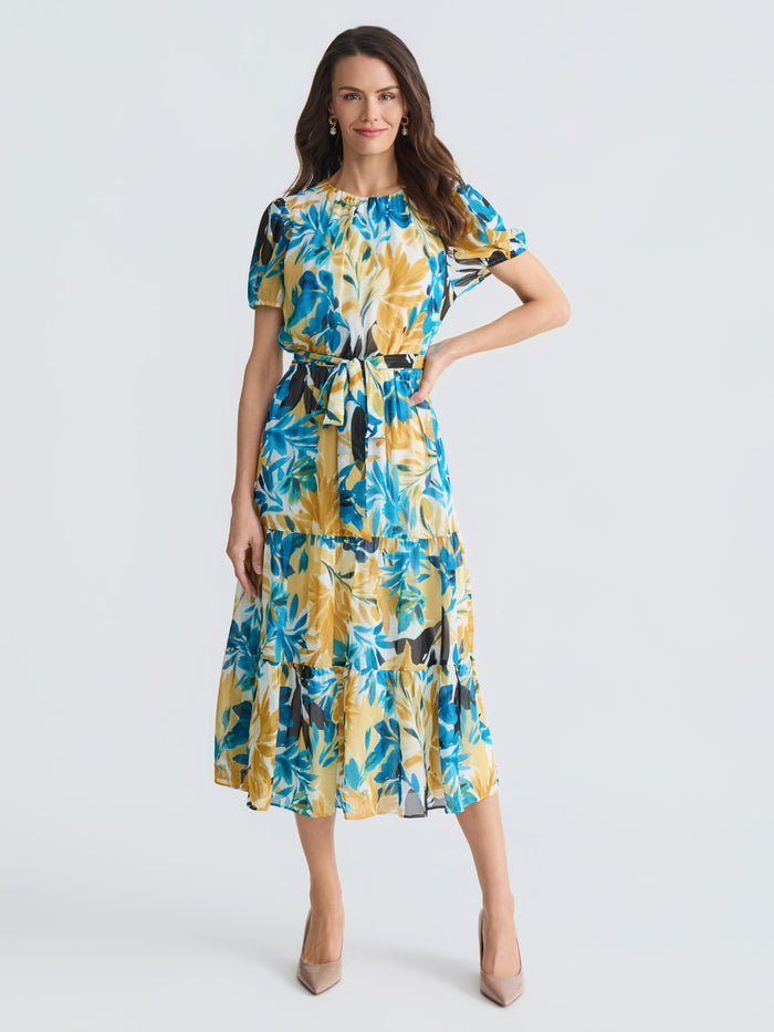 Puff Sleeve Dress, Butterscotch/Bright Azul Multi | Kasper