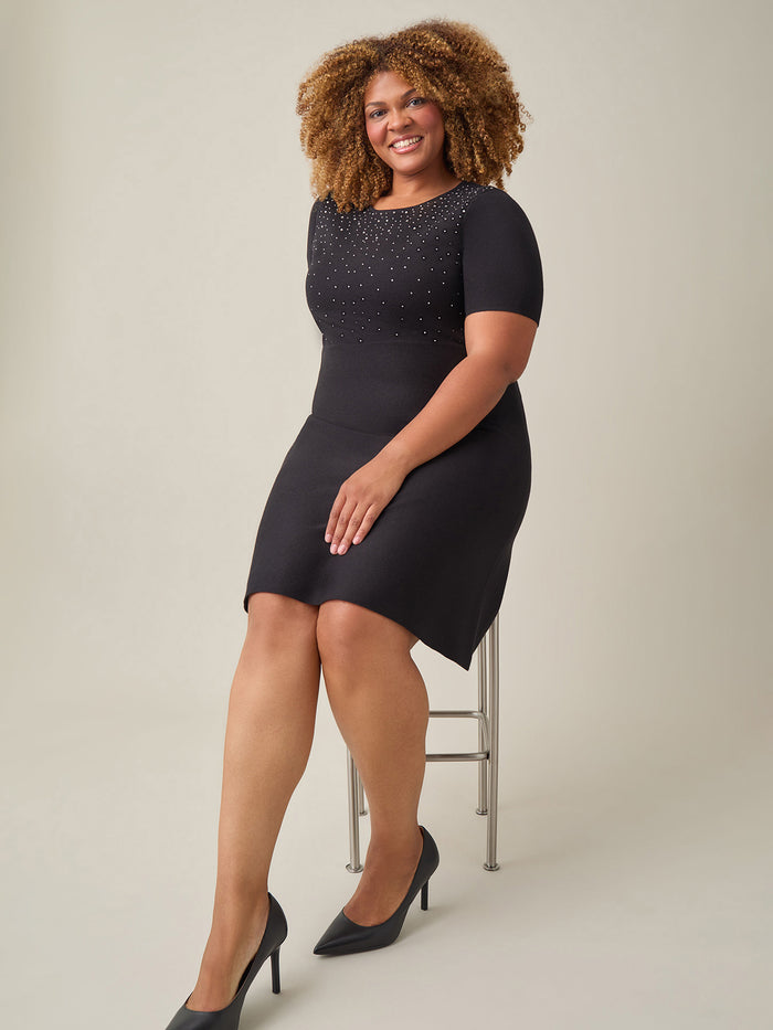 Quarter Sleeve Crew Neck Dress, Black, Black | Kasper