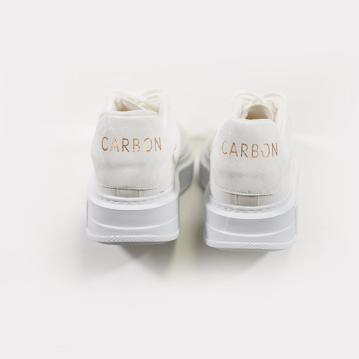 Rear view of Queen Platform Sneakers in white with gold Carbon logo on heel and chunky streetwear rubber soles.
