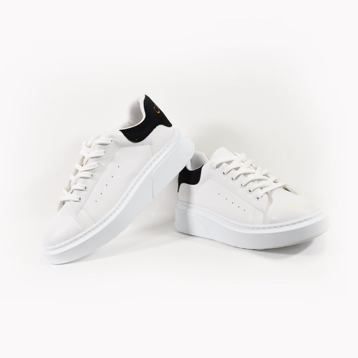 Queen white platform sneakers for women with chunky soles and black heel accents. Trendy streetwear shoes in Carbon.