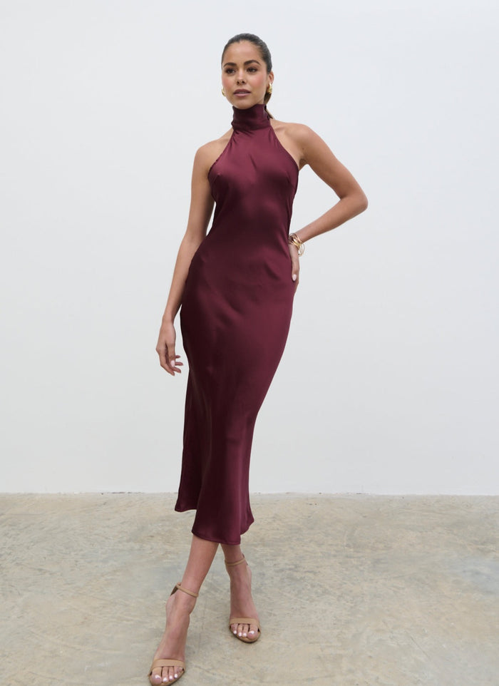 Elissa Is 5'8.5" & Wears Size UK 8|Raleigh Cowl Back Midaxi Dress - Wine