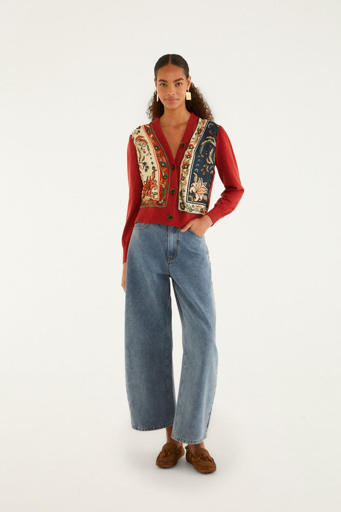 FARM Rio model wearing the Red Ainika Garden Scarf Buttoned Knit Cardigan