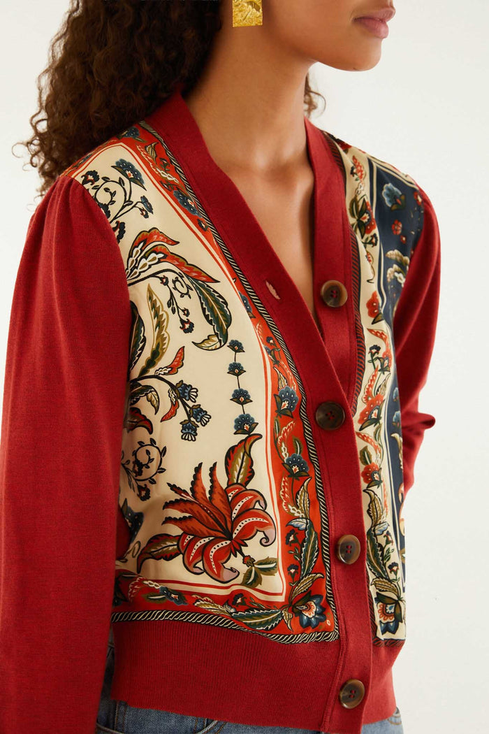 FARM Rio model wearing the Red Ainika Garden Scarf Buttoned Knit Cardigan