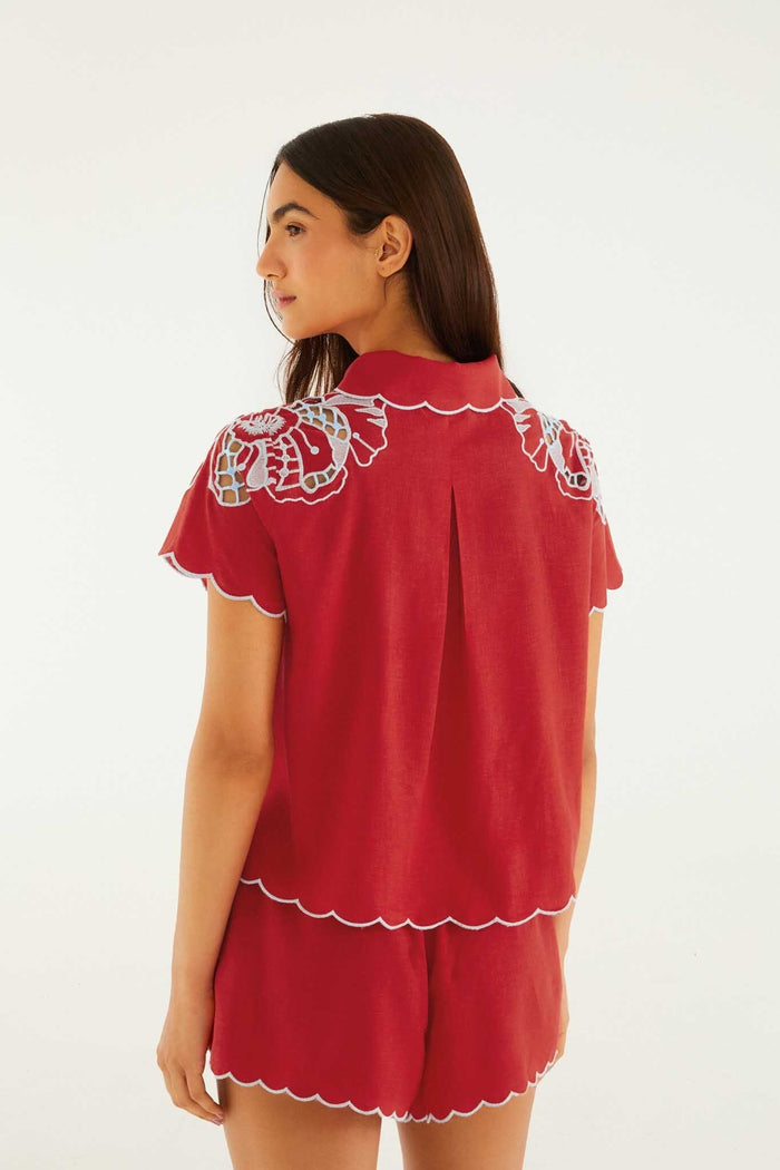 FARM Rio model wearing the Red Embroidered Shorts