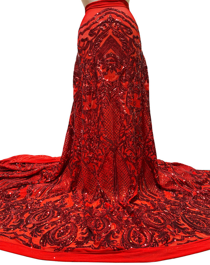 red sequin lace fabric