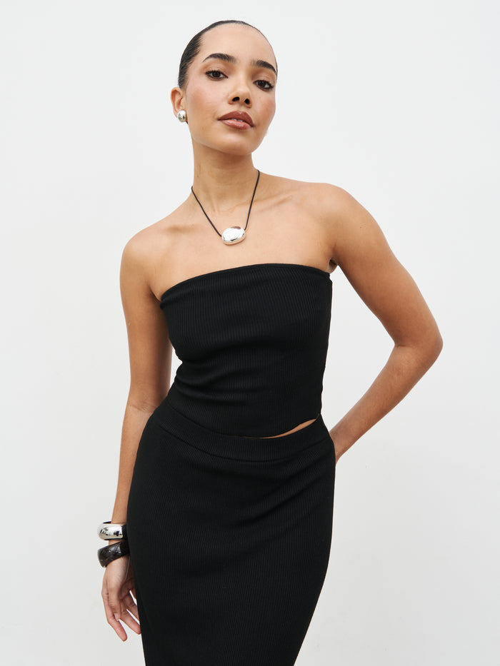 Celeste is 5'7.5" & Wears Size UK S|Reese Bandeau Knit Top - Black