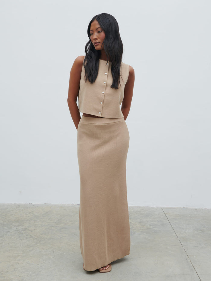 Elle Is 5'3" & Wears Size UK XS|Reese Midaxi Knit Skirt - Beige