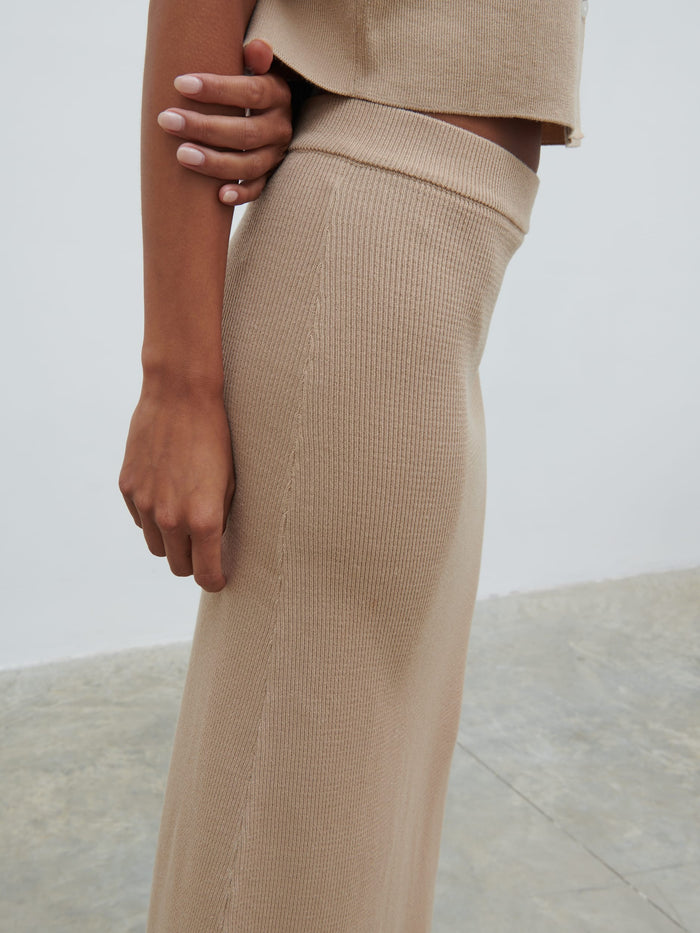 Elle Is 5'3" & Wears Size UK XS|Reese Midaxi Knit Skirt - Beige