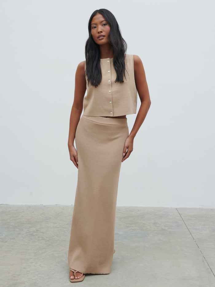 Elle Is 5'3" & Wears Size UK XS|Reese Midaxi Knit Skirt - Beige