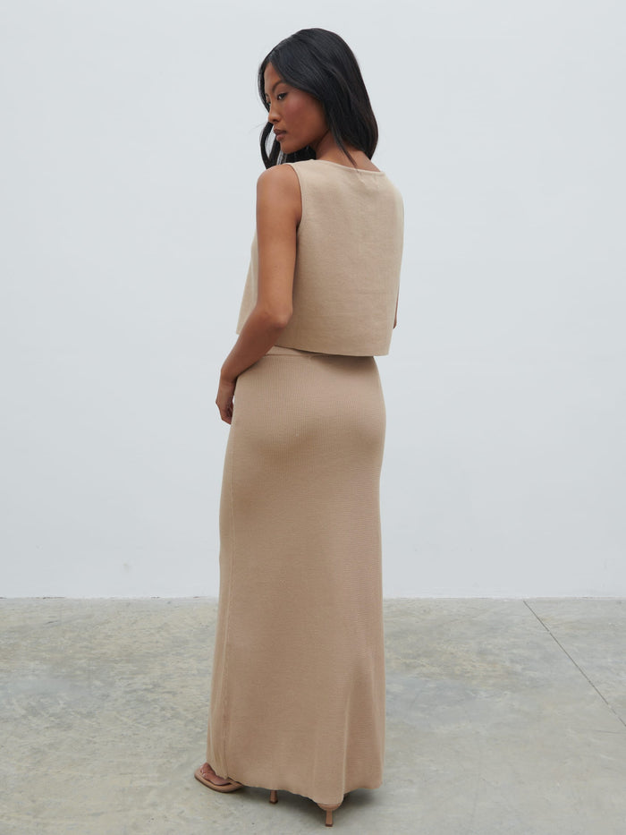 Elle Is 5'3" & Wears Size UK XS|Reese Midaxi Knit Skirt - Beige