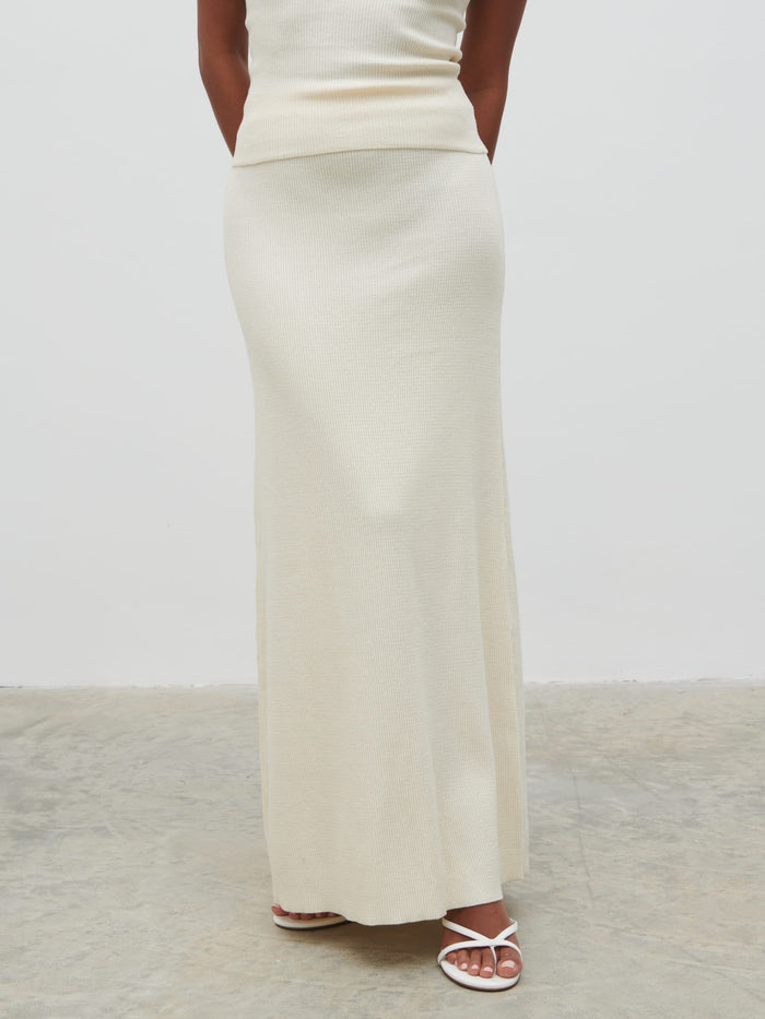 Elle Is 5'3" & Wears Size UK XS|Reese Midaxi Knit Skirt - Cream