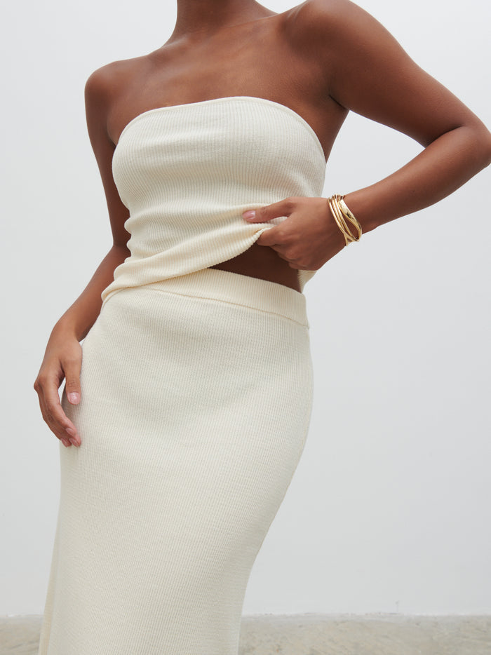 Elle Is 5'3" & Wears Size UK XS|Reese Midaxi Knit Skirt - Cream