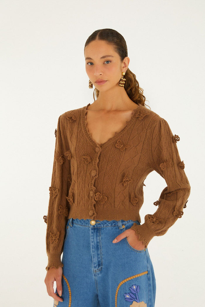 FARM Rio model wearing the Richilieu 3d Butterflies Artisanal Knit Cardigan
