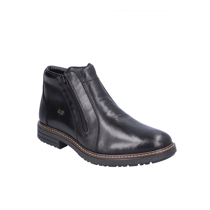 Men's black leather zip boots with rugged sole and side zip