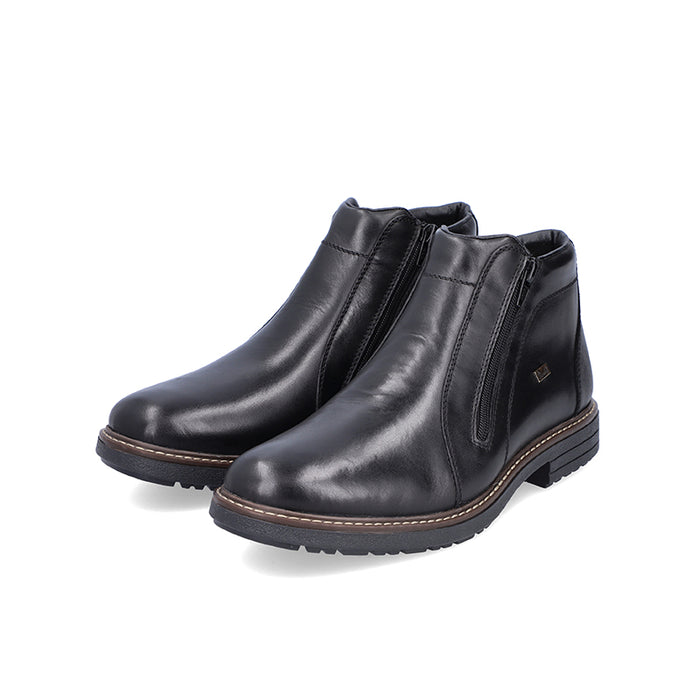 Men's black leather zip boots, ankle height, rugged tread sole