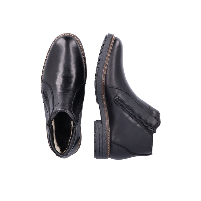 Men's black leather ankle boots with side zipper and tan welt trim