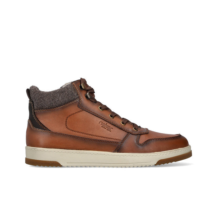 Men’s brown lace-up outdoor boots with padded collar and textured dark-gray trim