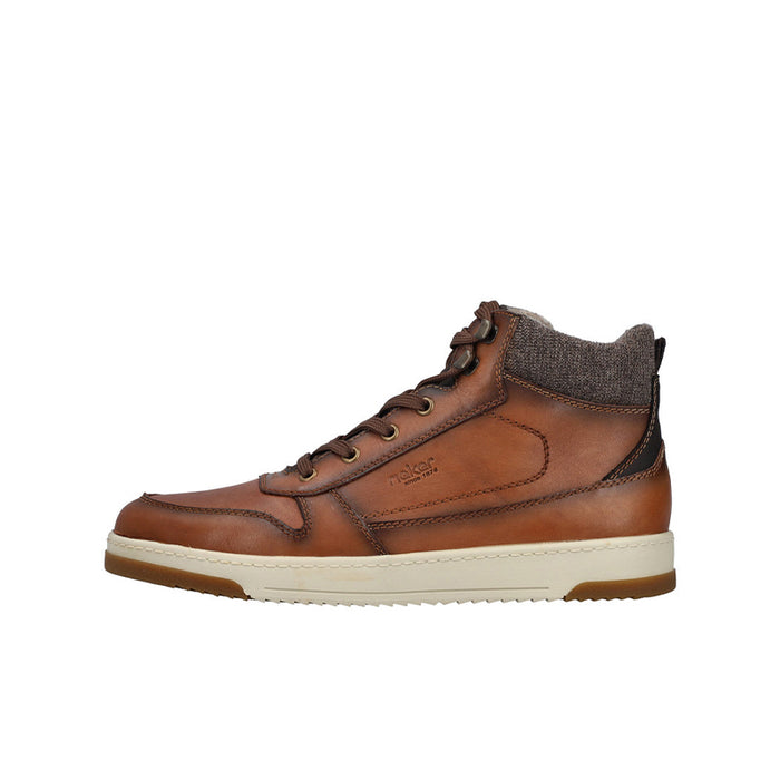 Men’s brown lace-up high-top outdoor boots with side pull tab and off-white sole