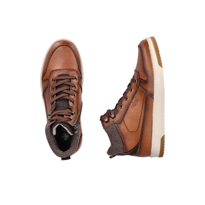Men’s brown lace-up boots with cushioned interior and off-white outsole