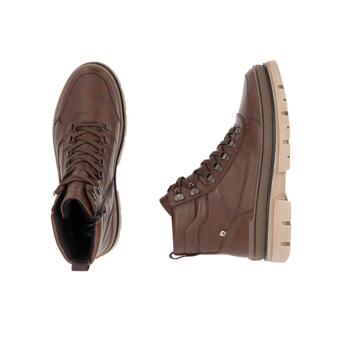 Men's brown lace-up ankle boots with padded collar and chunky tread sole