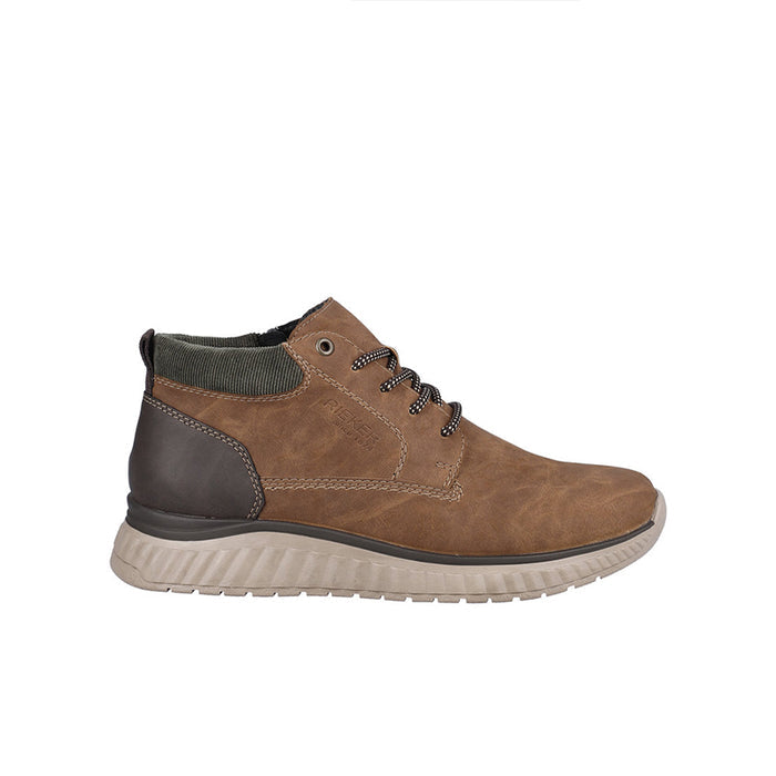 Men's brown lace-up casual boots with zip, padded collar, and chunky ridged sole