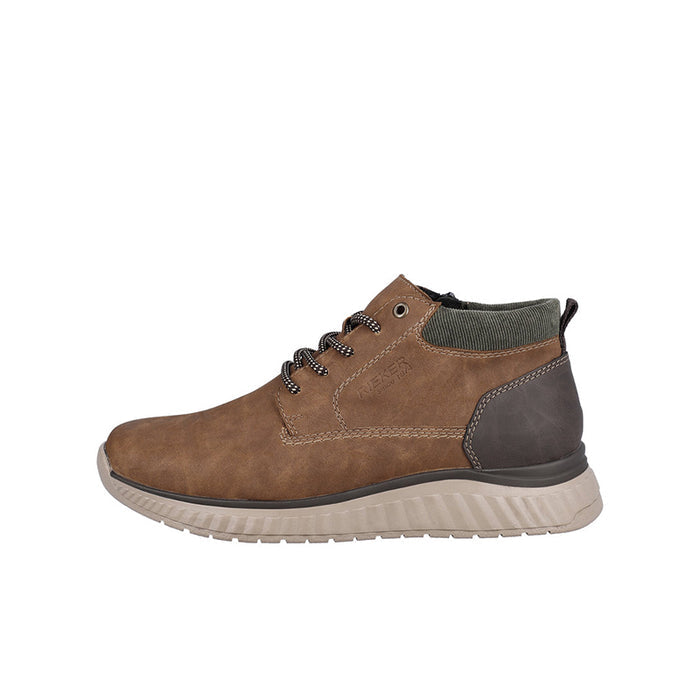 Men's brown lace-up ankle boots with side zip, dark heel panel, and ridged rubber sole