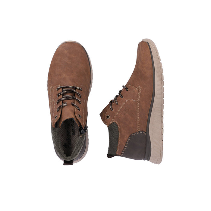 Pair of men's brown boots showing toe and side profiles, lace-up with padded collar