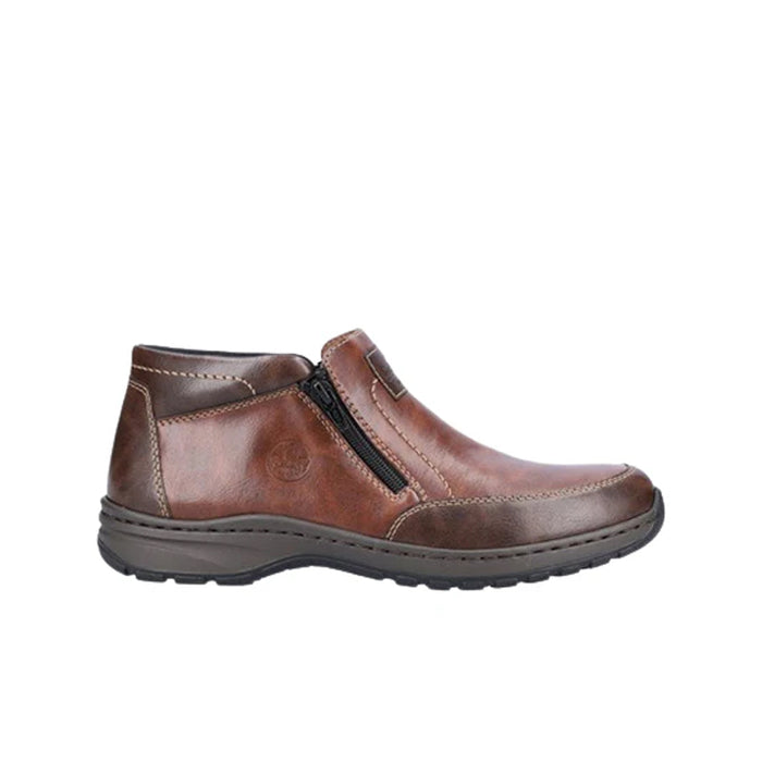 Brown leather-look casual boot with side zipper and treaded rubber sole