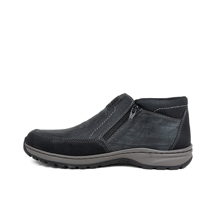 Dark gray casual boot with side zipper and cushioned collar, textured rubber sole