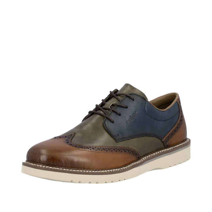 Men's brogue lace-up leather shoes, brown toe with blue panel, low profile sole
