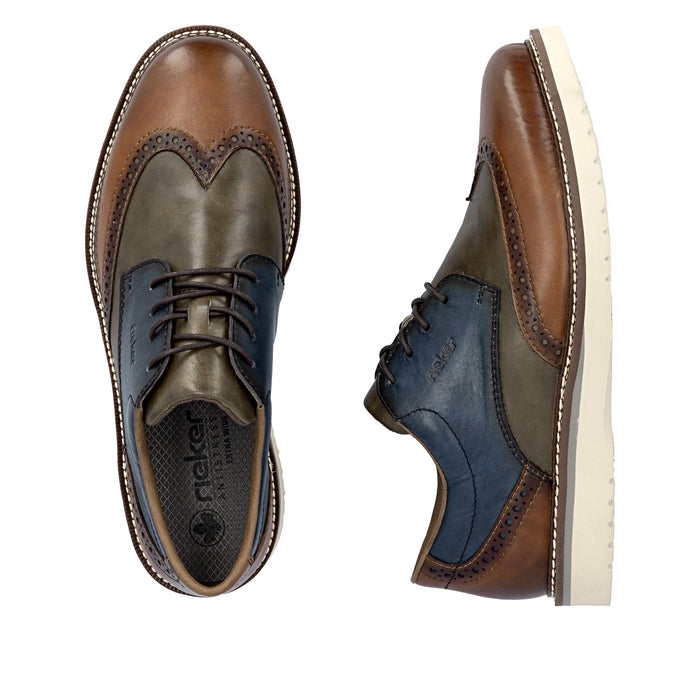 Men's lace-up brogue leather shoes, blue and brown with cream sole