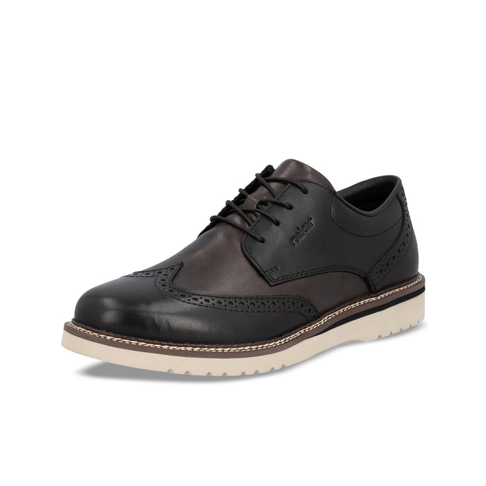 Men's black lace-up brogue leather shoes with low-profile sole and wingtip stitching