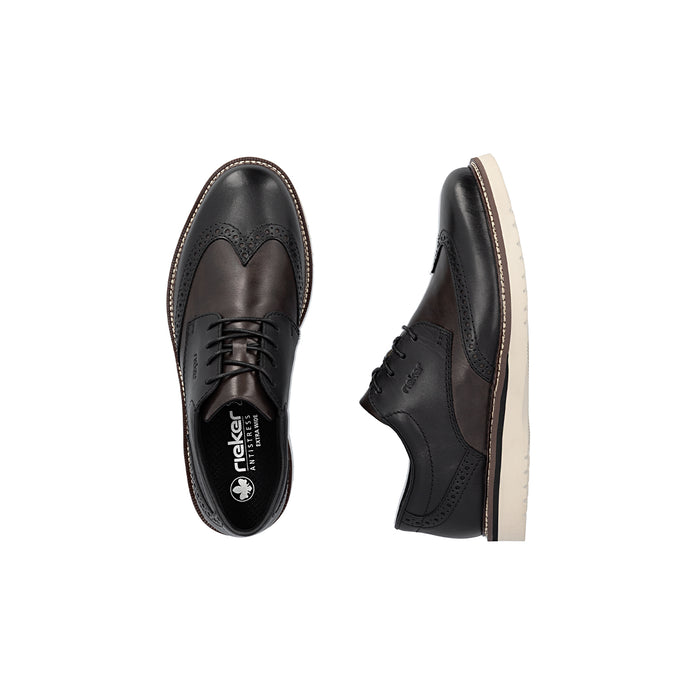 Men's black lace-up brogue leather shoes, side and top views with cream sole