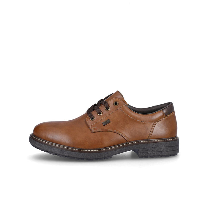 Brown lace-up leather dress shoes with side panels and dark rubber sole