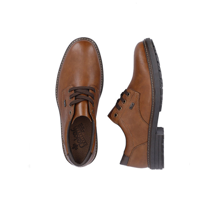Brown leather lace-up shoes shown from top and side with dark tread sole