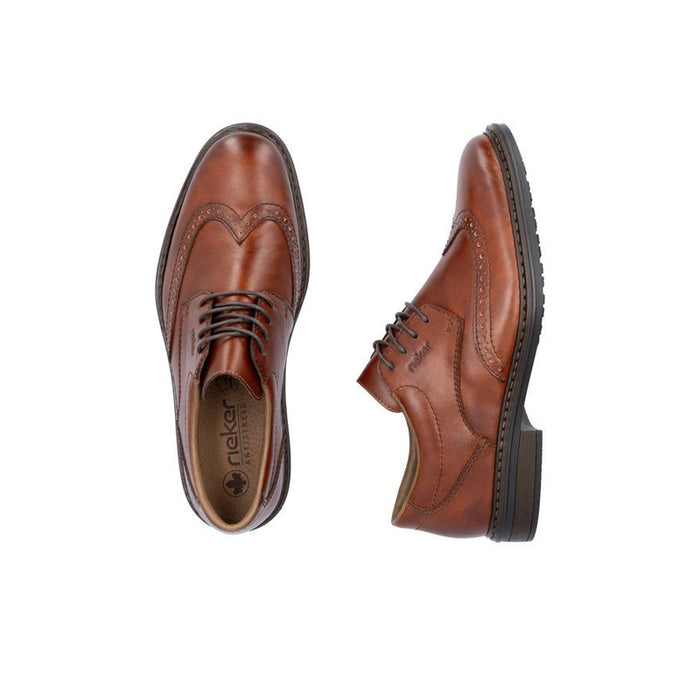 Men's leather brogue shoes, dark brown, front and side views with lace-up detail