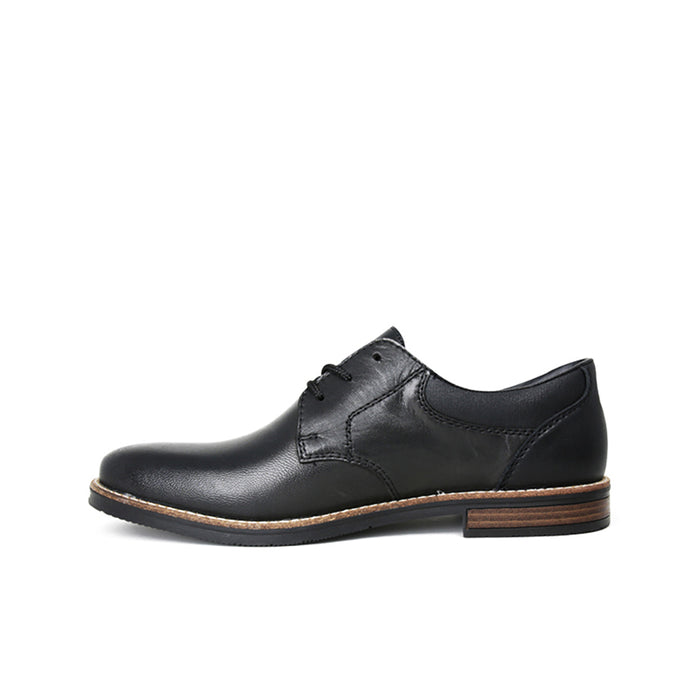Men's black leather lace-up dress shoes with low heel and brown rubber sole